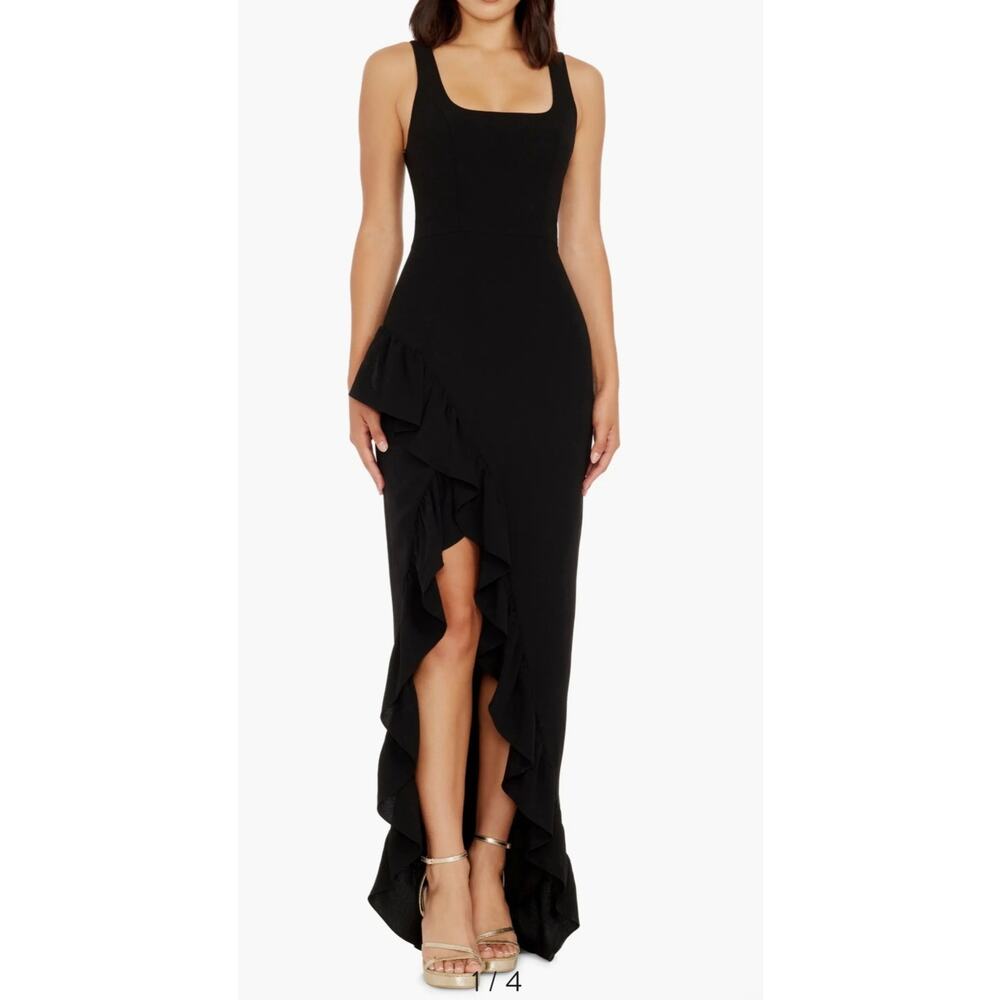 Dress the Population Black Sleeveless Midi Dress High Slit Ruffle Hem Sz Medium